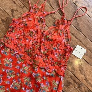 Free People Adella Red Floral Lace Mini Slip Dress